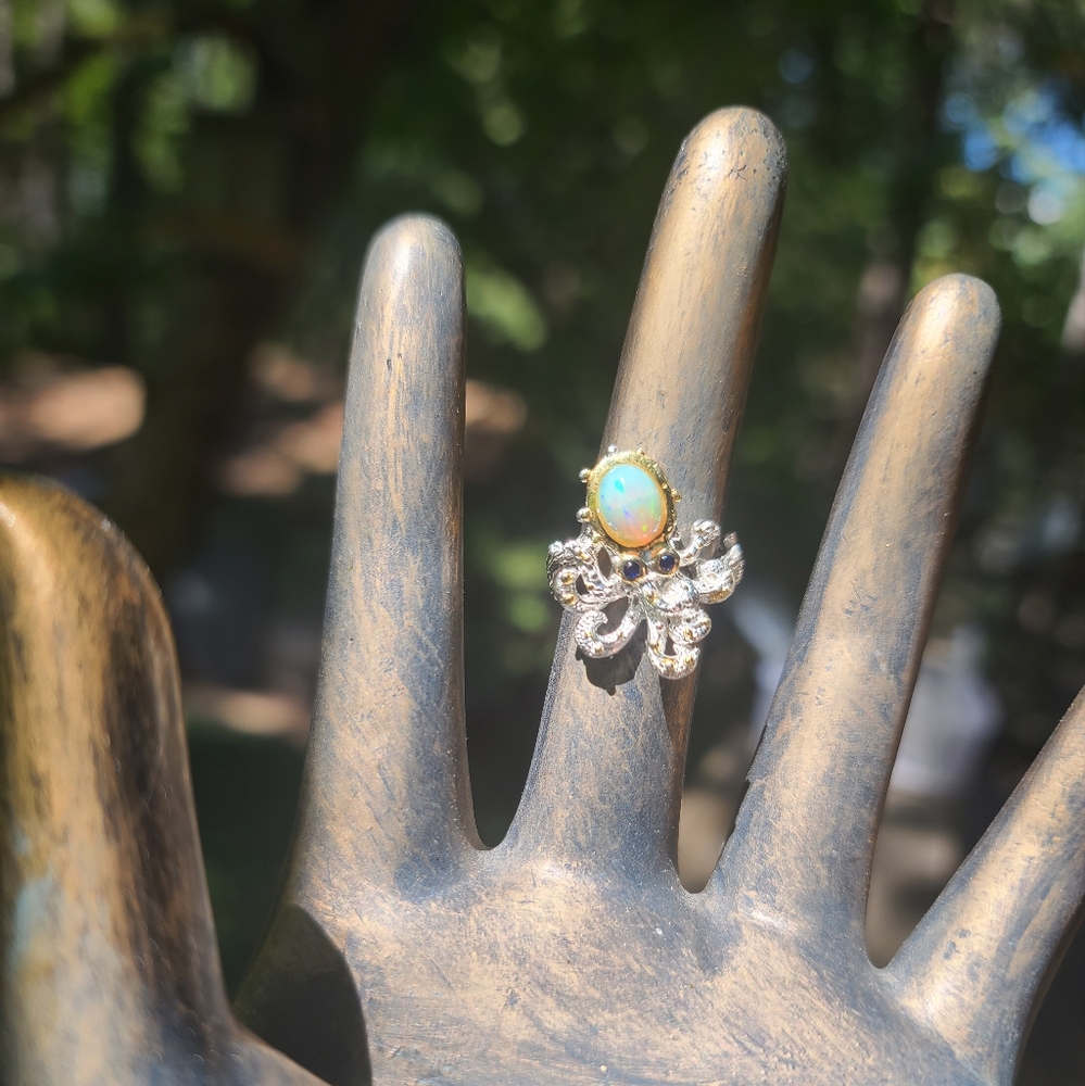 Opal & Sapphire Sterling & gold baby Octopus ๐ ring sz7.5 - Picture 4 of 7